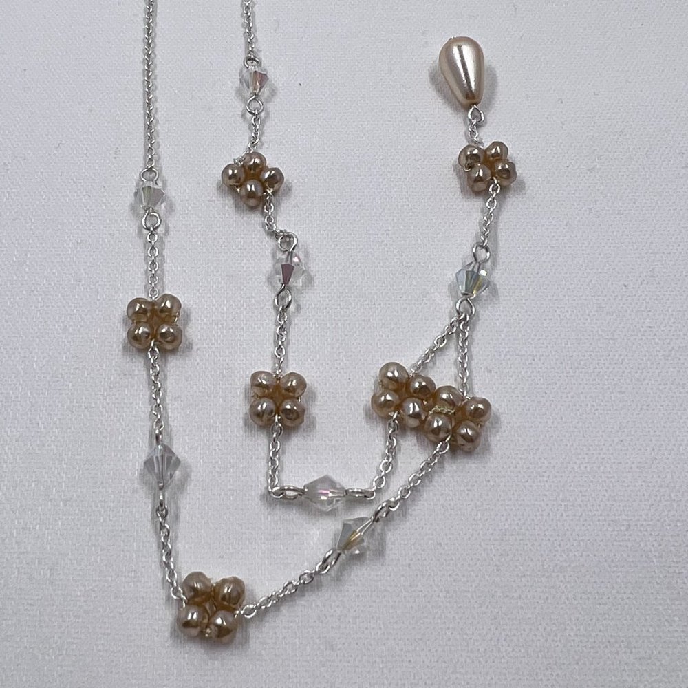 Silver Toned 16” Y Chain Necklace with Pearl Clusters and Crystals - Picture 6 of 6